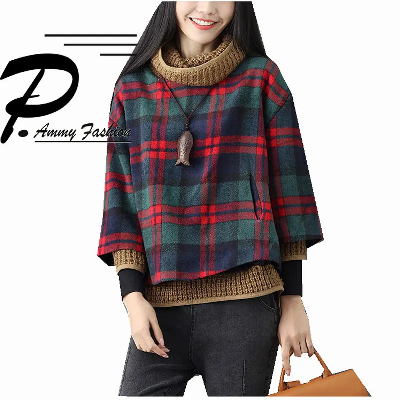 

Womens Plus Size Wool&Knitting Stitching Checkered Sweatshirts Ladies 2017 Winter Turtleneck Fake two Plaid Retro Pullover Tops