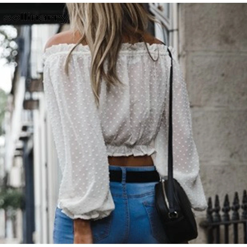 Sollinarry Off Shoulder White Women Blouse Shirt Solid Long Sleeve Short Blouse High Street See Through Club Sexy Crop Top Blouses