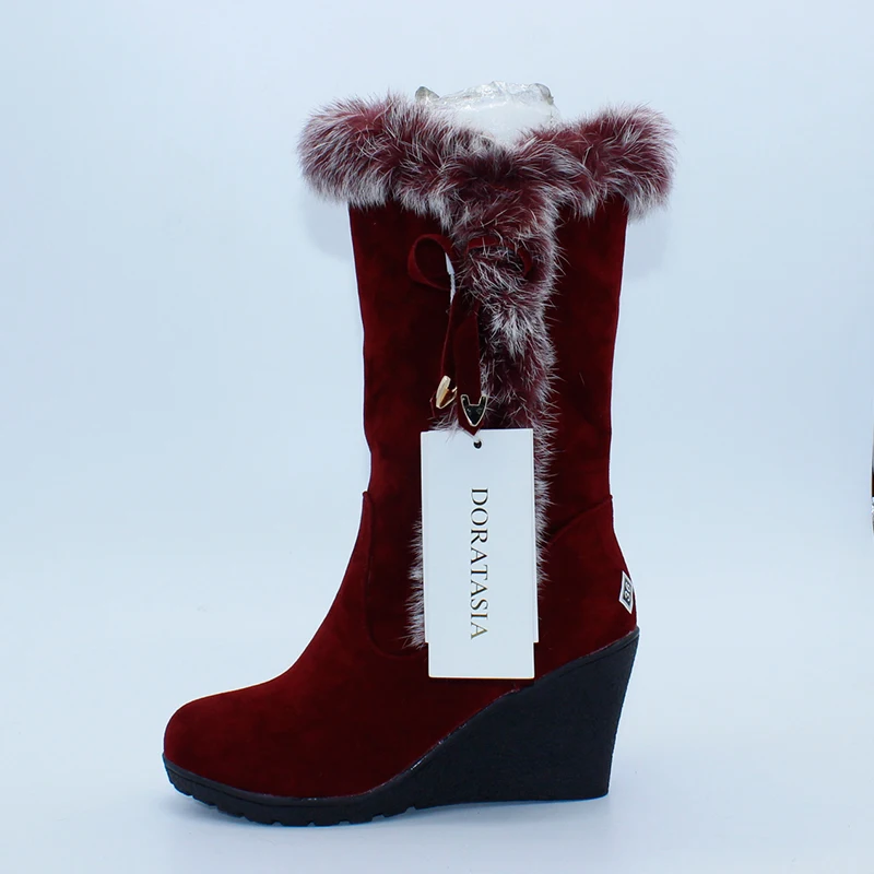 DoraTasia/женские зимние сапоги, модная теплая обувь на меху, женские сапоги до середины колена на высокой танкетке, женская обувь без шнуровки
