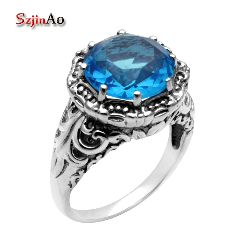 

Szjinao Customized Fashion Jewelry Wedding Rings Retro Blue Topaz one Carving 925 Sterling Silver Ring for Women
