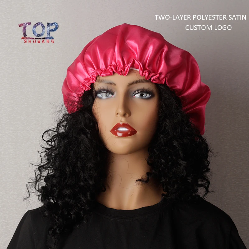 

Custom LOGO Hot Pink Bonnet High Elastic Band Hair Cover Comfortable Night Sleep Bonnet Ladies Soft Satin Hat Hair Bonnets