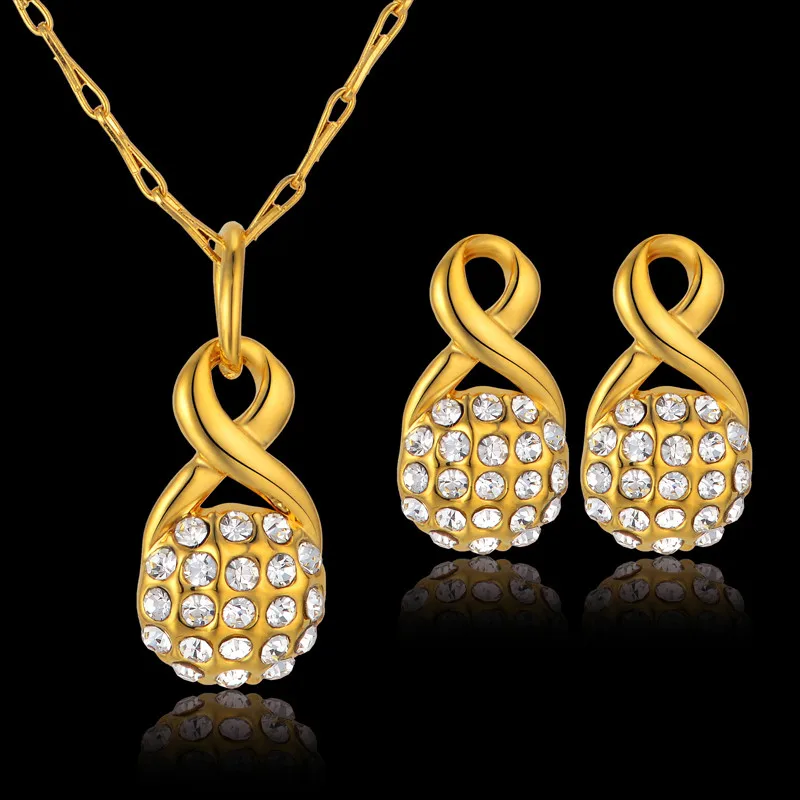 

Bridal Jewelry Set Gold Color Infinity Pendant Necklace Earrings Set Cubic Zirconia Romantic Wedding Womens Jewellery