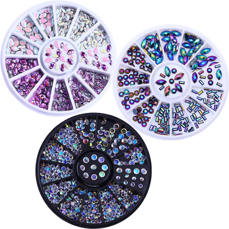 

1 Box AB Color Multi-size Rhinestone Flat Back Rivet Stud Acrylic UV Gel 3D Nail Art Decoration Wheel Charms DIY