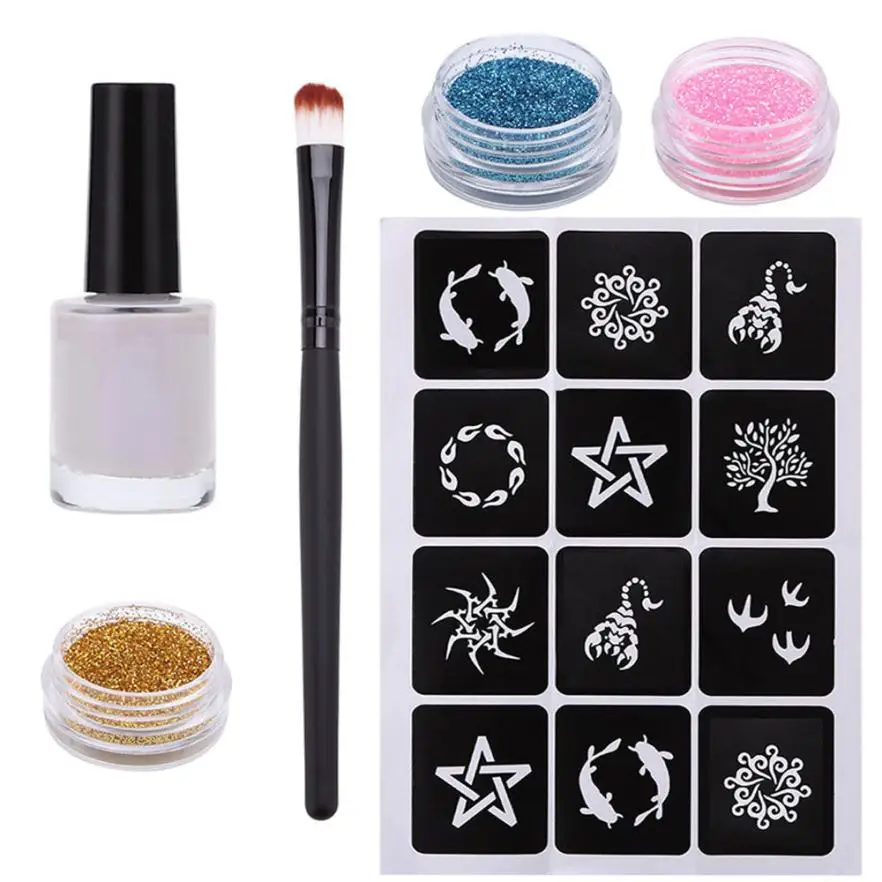 

1 Set Glitter Tattoo Kit Professional Powder Temporary Tattoo Body Painting Kit Brushes Glue Stencils Tattoo Kits