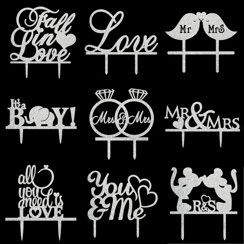 Mr & Mrs Love You & Me Mrs & Mrs Acrylic Cake Flags Fall In Love Is A Boy cake Topper Wedding Birthday Party Cake Decor Hot Sale
