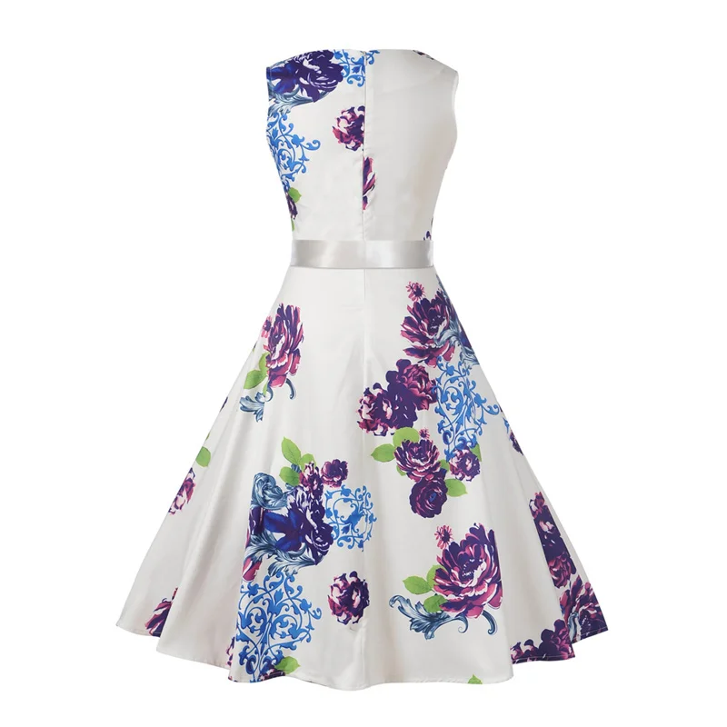 Kostlich High Quality O-Neck Floral Print Dresses Summer Hepburn Vintage Dress Women Big Swing Dress Plus Size S-2XL With Sashes (2)