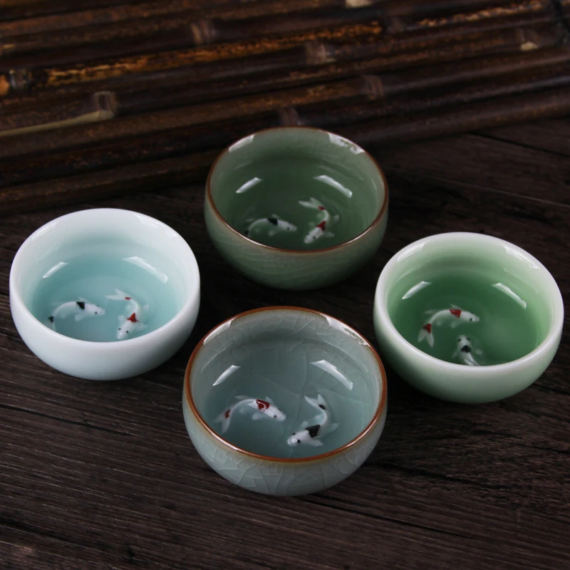 4 шт. китайский Селадон чашка кунг-фу Longquan Celadon чашки с рисунком рыб новый год