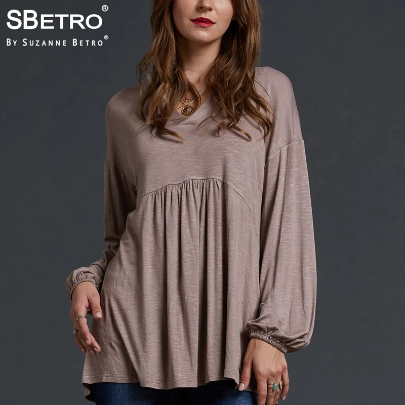 

SBetro Women Blouses Casual Autumn Shirt Brown V-Neck Empire Long Balloon Sleeve Baby doll Solid Lady Tunic Top
