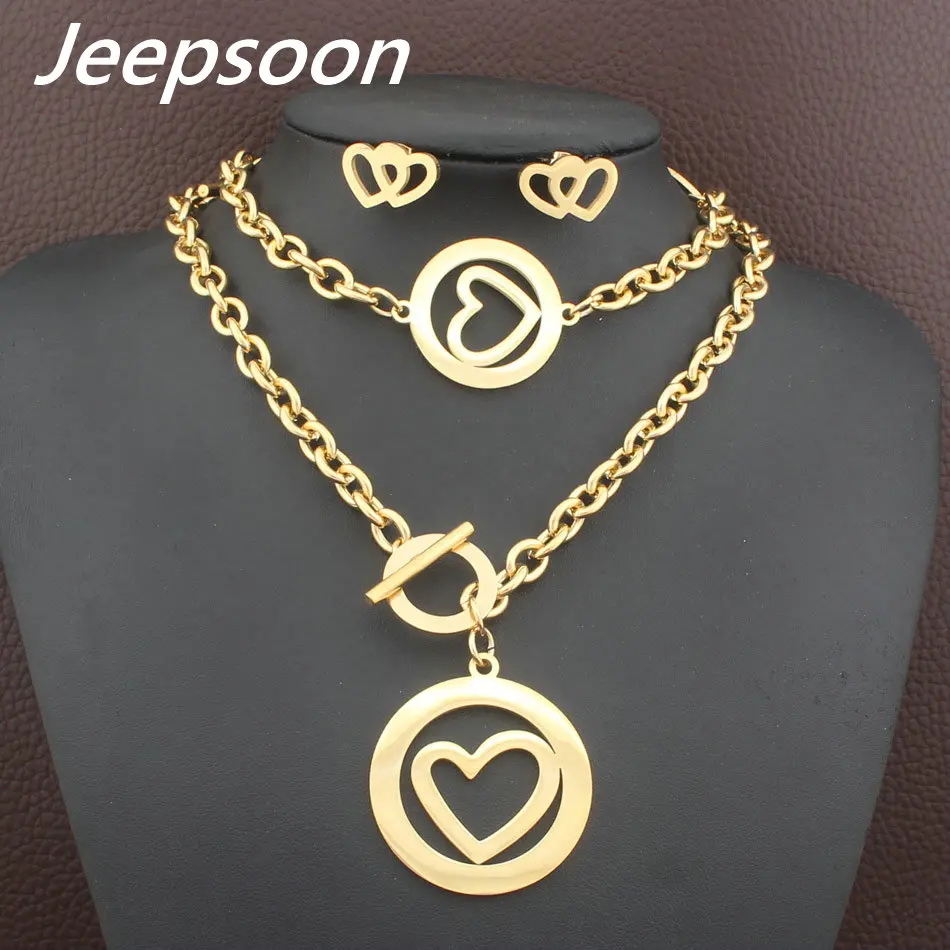 

Newest Heart Stainless Steel fashion Jewelry Gold color Necklace Bracelet Stud earrings sets for women SFXFAZCI