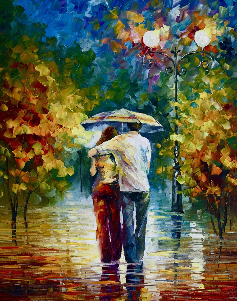 

Lover walking in the Rainy Street Oil Painting On Canvas Cuadros Decorarions Wall Picture for Living Room Home Decor