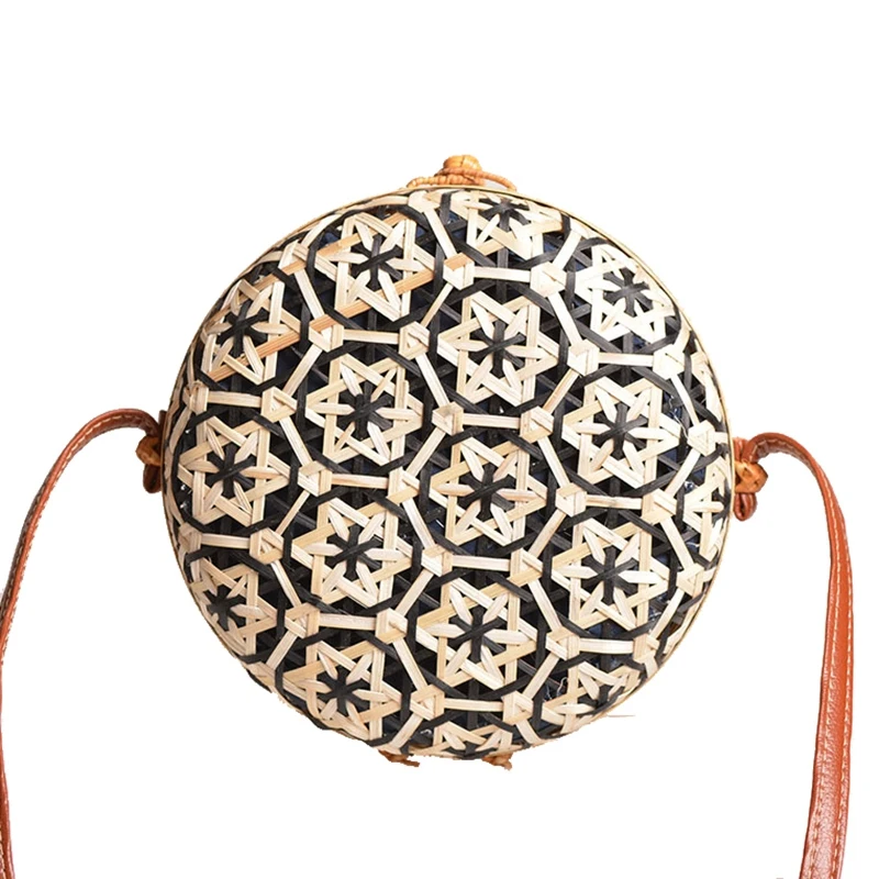 

New Round Straw Beach Bag Circle Rattan Bag Women Handbag Colorful Flower Pattern Female Message Shoulder Bag Black