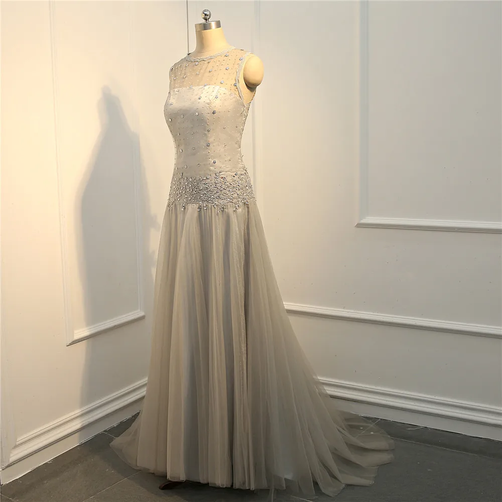 Серебряные вечерние платья A-Line Тюль Аппликации Кружева бисером видеть сквозь длинное вечернее платье выпускного вечера платье Robe De Soiree