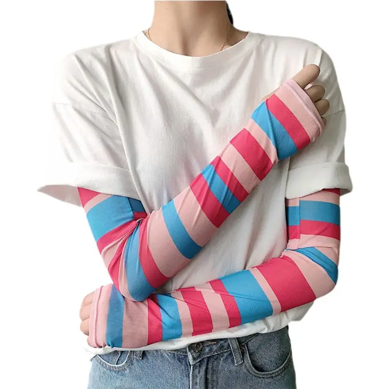 Женские летние ледяные шелковые рукавицы, радужные цветные полосатые Harajuku солнцезащитные охлаждающие перчатки для езды на велосипеде - Цвет: NO.5