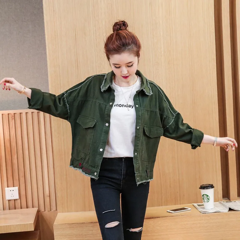 الربيع الخريف أزياء جينز جاكيتات المرأة قصيرة عارضة فضفاض إلكتروني التطريز الدنيم معطف السيدات الأساسية الجيش الأخضر الكاكي أبلى