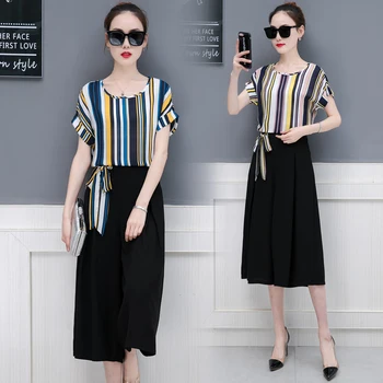 

2018 summer new design women clothing set stripe chiffon blouse top bow & black wide leg loose pants plus size S -XXL