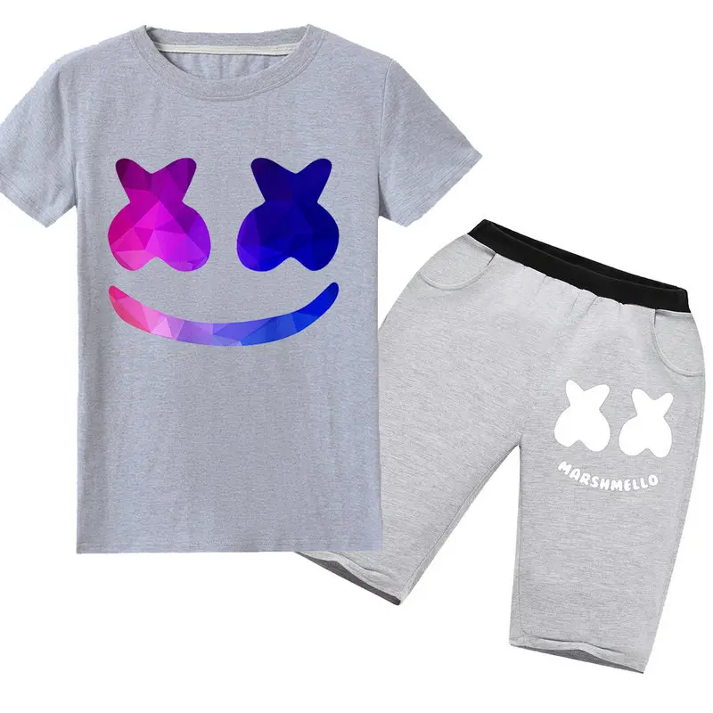 

2019 Summer cartoon Marshmello DJ Music Minecraft cotton T-shirt boys and girsl short-sleeved T-shirt + pants suit kids clothing
