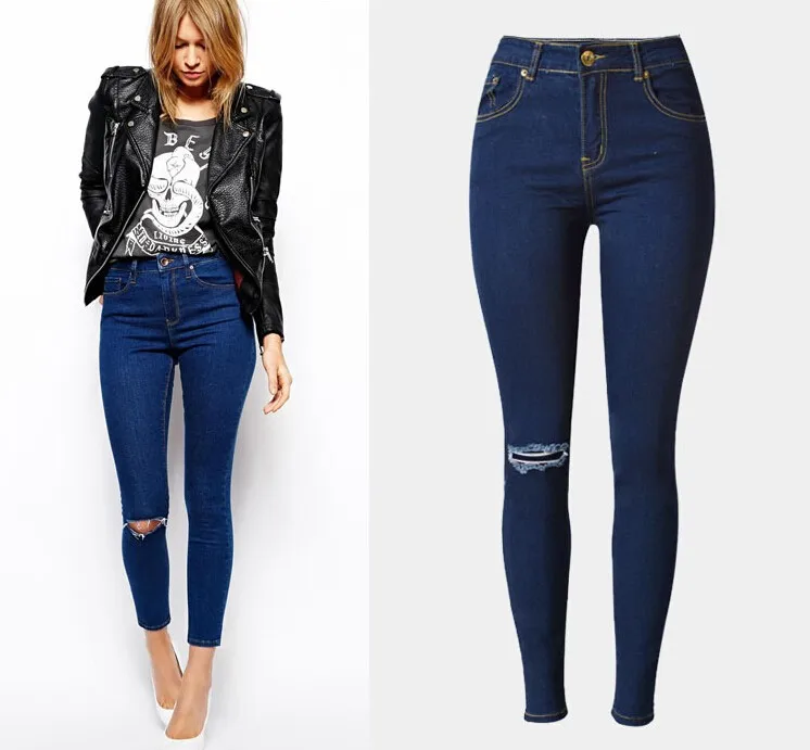 Рваные джинсы Горячая Мода растягивающийся высокой талией джинсы до колена отверстие тонкий тощий полной длины синего джинсового цвета Цвет пикантные Для женщин джинсы Femme