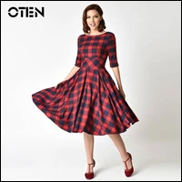 OTEN-Women-Vintage-Retro-50s-60s-Rockabilly-dress-3-4-Sleeve-Red-Plaid-Printed-Casual-Pin