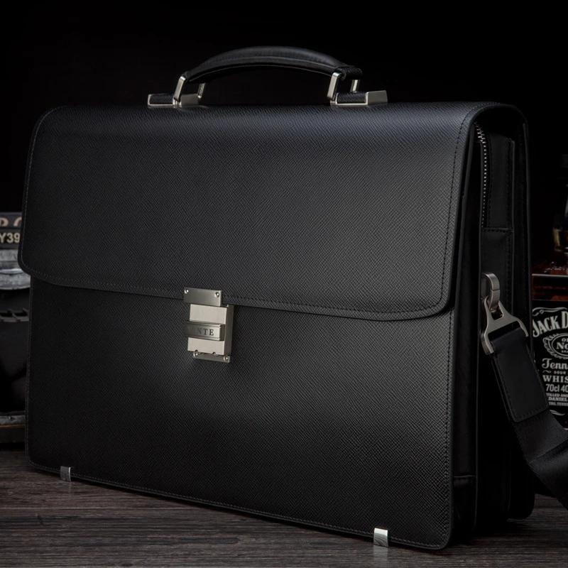

YINTE Luxury Men's Briefcase Leather Bag Men Black Bag Large Capacity Thickening Fit 14 inch Laptop Totes Portfolio T8556-5