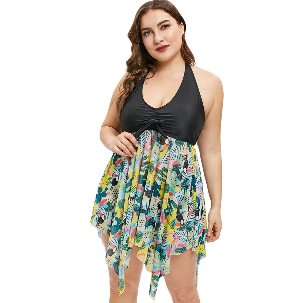 

Plus Size Swimwear Women Swimsuit Female Bathing Suit Beachwear Push Up Tankini Top Trunks Printed Halter Tankini Set