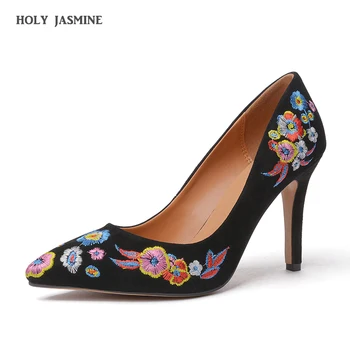 

Brand Women Pumps High Heels Summer Shoes Pointed Toe Embroider Dress Shoes Female Thin Heel Single Wedding Shoes Pumps Woman