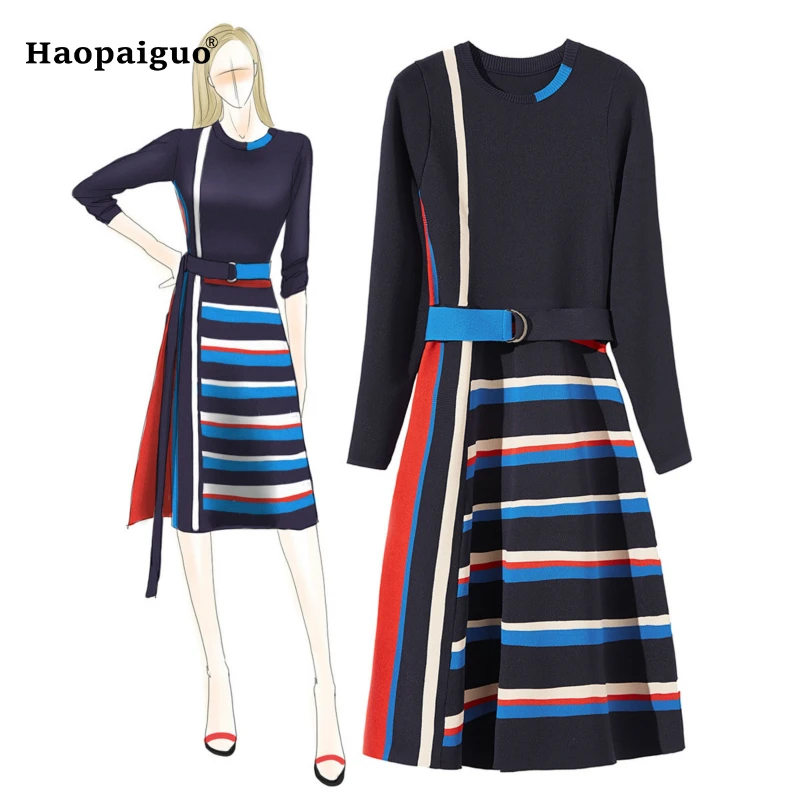 

2018 Autumn Knitting Cotton Women Dress O-neck Three Quarter Striped A-Line Elegant Dress Women with Sashes Winter Dress Ladies