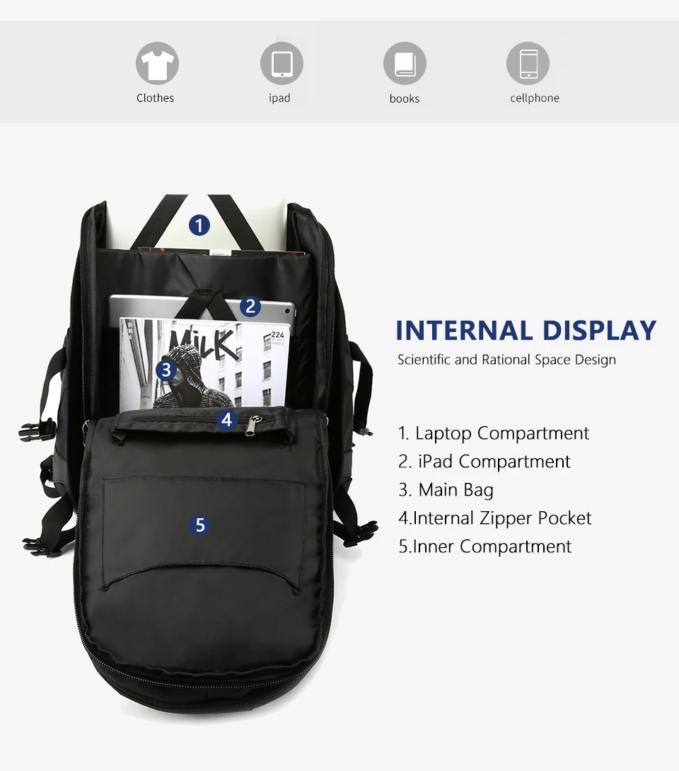 OZUKO, брендовый мужской рюкзак для путешествий, большая вместительность, 17 дюймов, сумка для ноутбука, мужские многофункциональные рюкзаки для альпинизма, уличные спортивные сумки