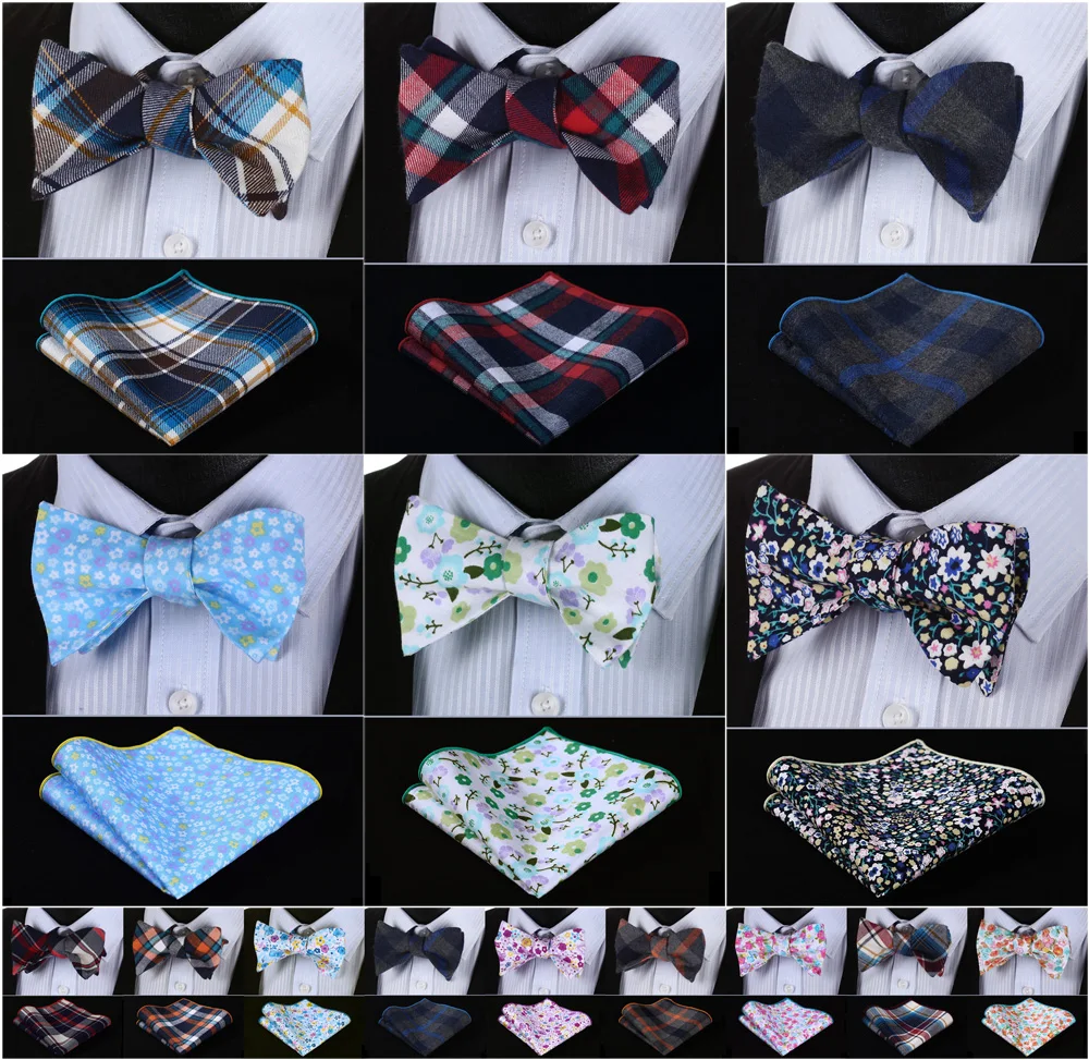  Check Floral 100%Cotton Jacquard Men Butterfly Self Bow Tie BowTie Pocket Square Handkerchief Hanky