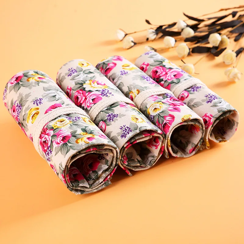 

36/48/72 Holes Canvas Flowers Pencil Case School Roll Pouch Cosmetic Makeup Brush Case Pen Storage Pencil Box Art School Penalty