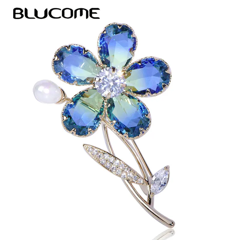

Blucome Luxury Plant Flower Brooch Zircon Copper Pearl Crystal Jewelry Women Girl Clothing Wedding Elegant Pin Accessories Gifts