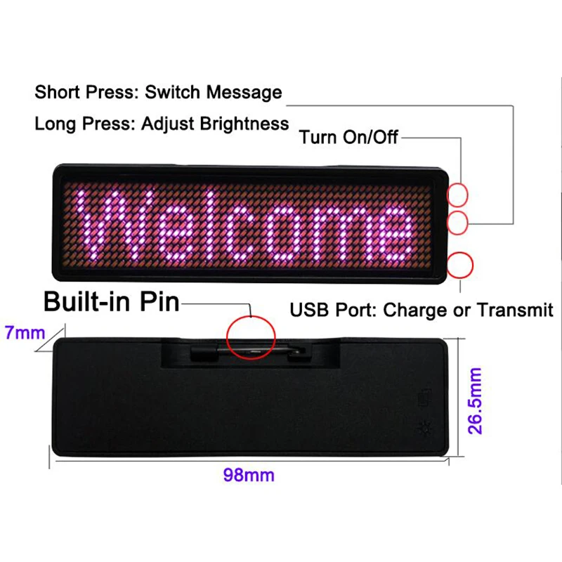 Bluetooth светодиодный значок миниатюрный светодиодный дисплей точечная матрица 11*55 широкий светодиодный товарный знак для персонала официанта отеля водителя