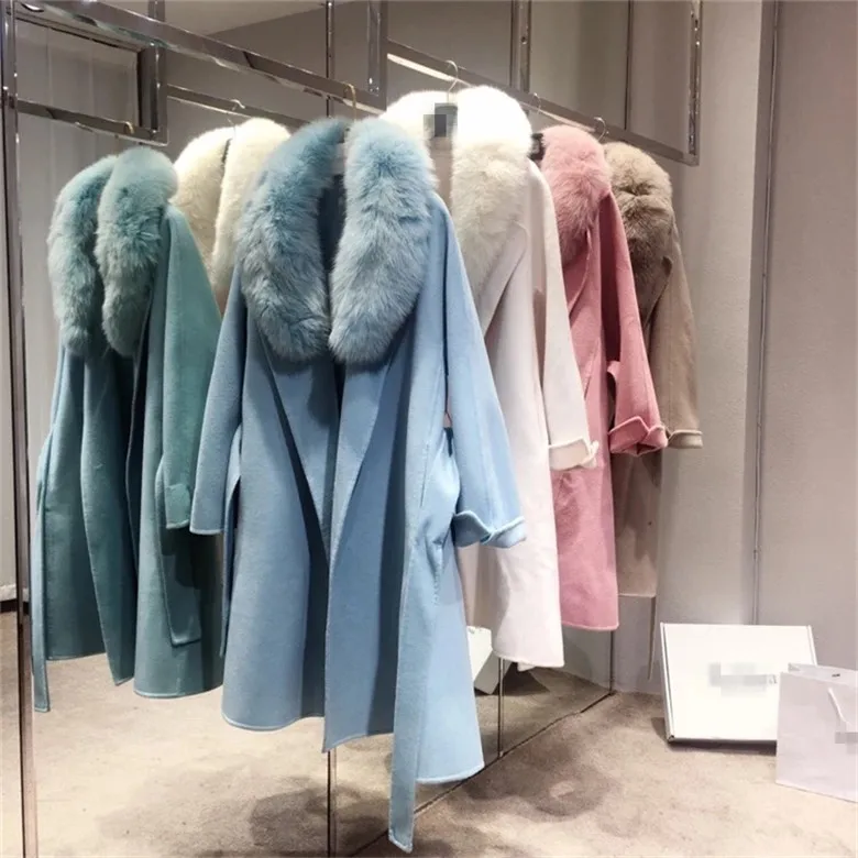 Korea style female x-long loose wool trench coat with real fox fur collar soft double-side wool outwear with belt for women