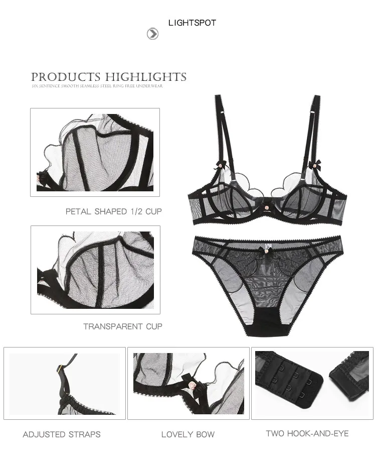 red bra set Transparent Bra Petal Shape Sexy Lingerie Set Underwire Bow Decoration Underwear Women Sexy Mesh Bra Set Seethrough lace bra panty set