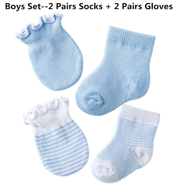 4 Pairs Baby Gloves Socks Newborn Safety Cute Baby Socks Cotton Striped