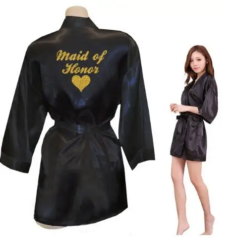 Bridesmaid Robes Bridesmaid Heart Golden Glitter Print Faux Silk Kimono Robes Wedding Gift Bride Team Bachelorette Lov - Цвет: black Maid of Honor