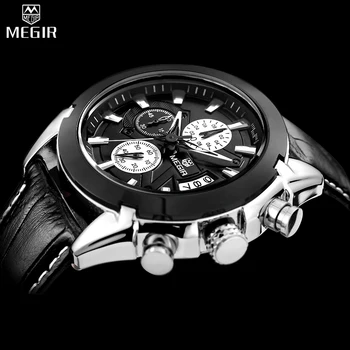 

2019 MEGIR Genuine Leather Business Watches Men Casual Quartz-watch Military Chronograph Men's Brand Luxury Famous Wristwatch