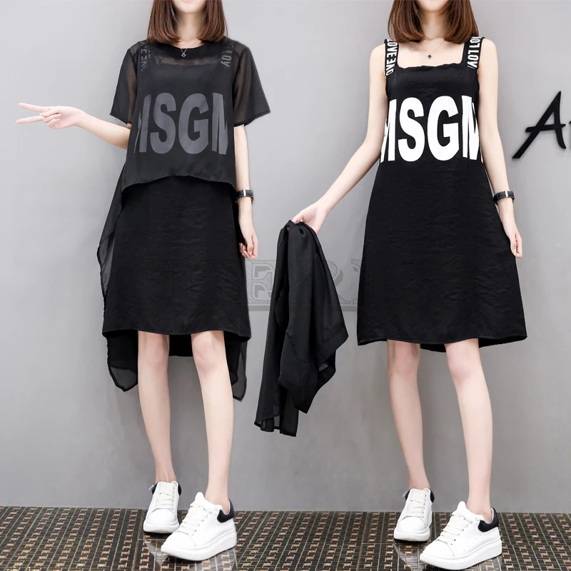 Image M 5XL Plus Size Women Chiffon Dress Summer 2019 Letter Print CUERLY Strap Dress and Asymmetrical Two Piece Beach Dress Black