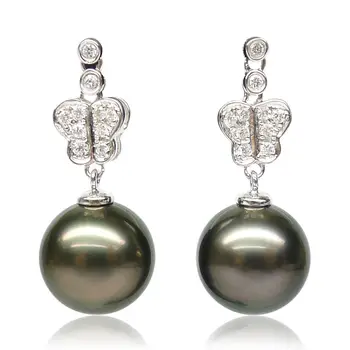

Free Shipping AAA Black Green Tahitian Sea Cultured Pearl Diamond Drop Earrings 18K White Gold
