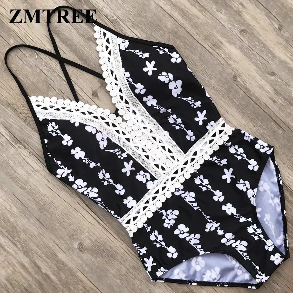 

ZMTREE Floral Printed Swimwear Women Swimsuit 2018 One Piece Swimming Suit Lace Bodysuit Backless Monokini Plus Size XL