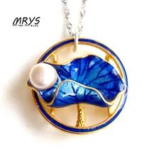 New Lotus Leaf font b Blue b font lotus Ethnic Cloisonne Enamel Natural Pearl 925 sterling