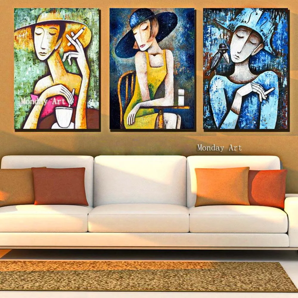 3-piecces-handmade-painting-girl-portrait-smoking-on-oil-canvas-for-living-room-decor-and-wall