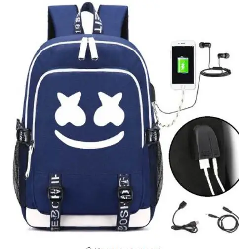 

Marshmello Face Solo DJ Backpack with USB Port Charging & Lock & Earphone Interface Work Student Backpacks School Bag -045