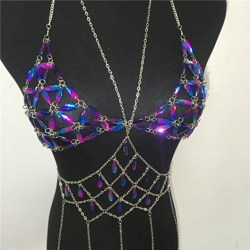 FestivalQueen Bling с металлической кисточкой детали Топы фестивальный рейв Костюмы летнее соблазнительное с открытой спиной Rave тела цепи пляж