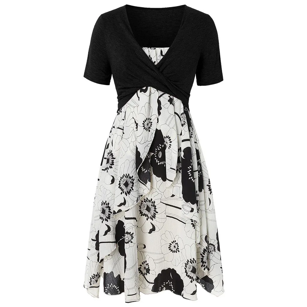 

Spring And Summer women's short-sleeved Printed Dress women's V-neck short-sleeved Dress Dress Casual Floral Maxi Dresses Summer