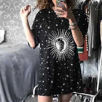 

2019 Summer Loose Long Female T-shirt moon Stars Printed Casual T Shirt Tops Women's Fashion short-sleeved Mid-length T-shirt