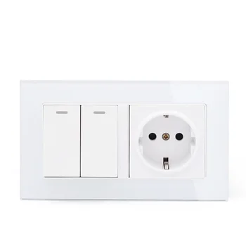 

EU 146 German wall socket European socket 2 gang 2 way switch Toughened glass panel white