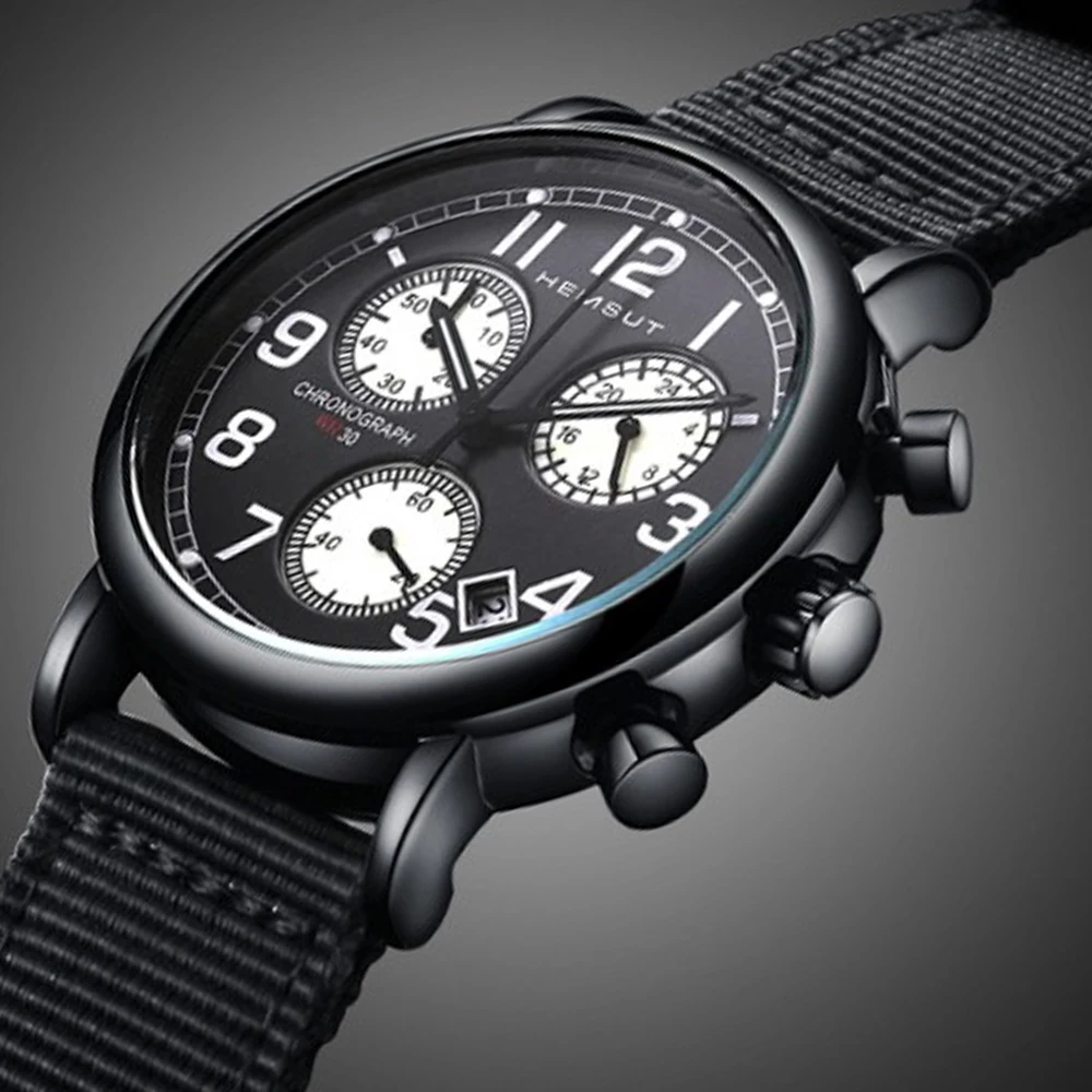 

Hemsut Casual Sport Watches for Men Black Top Brand Luxury Military Canvas Wrist Watch Man Clock Fashion Chronograph Wristwatch
