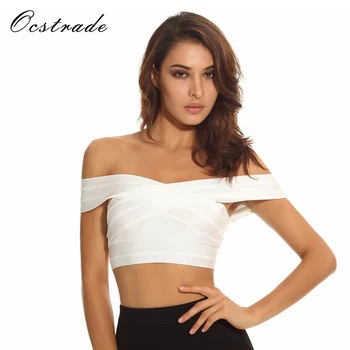 

Ocstrade Free Shipping Cropped Tops and Skirt Set Womens New Arrival 2017 White Rayon Bandage Crop Top Off Shoulder Red Black