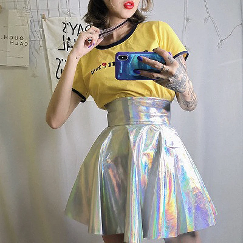 2019 Hip Hop Hologram Shine Laser Silver Soft PU Leather Mini High Waist Korean Streetwear Skirt Pleated Skirt Girl Slim Fashion 2019 Hip Hop Hologram Shine Laser Silver Soft PU Leather Mini High Waist Korean Streetwear Skirt Pleated Skirt Girl Slim Fashion