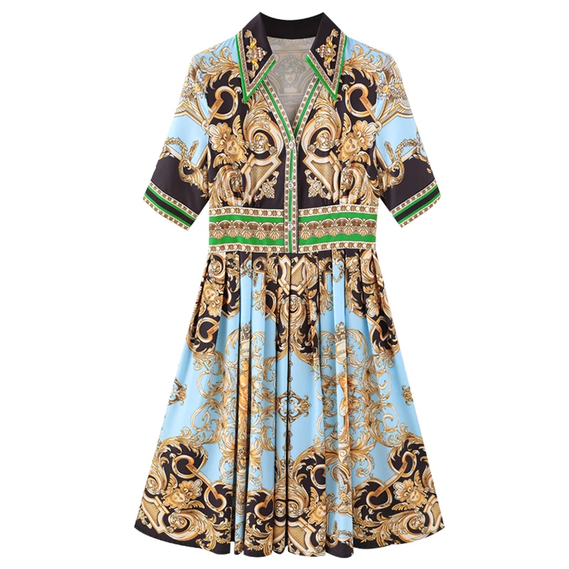 

PERHAPS U folk-custom turn down collar patchwork print short sleeve empire knee length dress zipper a line dress summer D1643